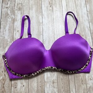 Victoria's Secret Knockout Wire Free Push UpBra Purple Leopard Print Trim 34DD